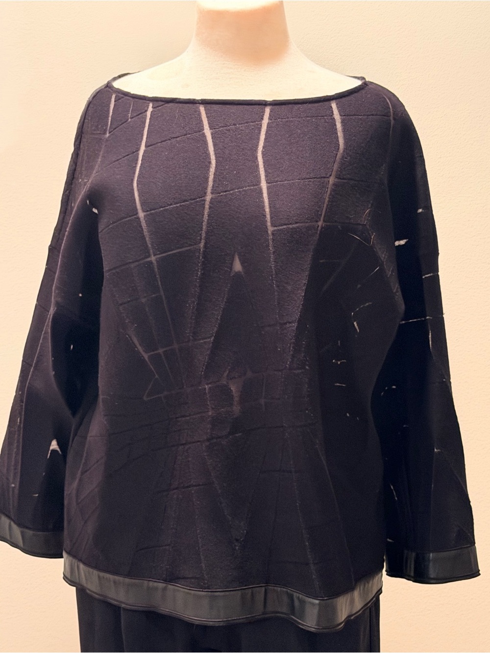 Lafayette 148 New York Black Crewneck Sweater with Subtle Grid Pattern